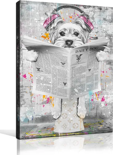 Miniatura 10 de ENTANUB Arte de Pared de Perro para Baño, Divertido Cuadro de Lienzo de Animales para Dormitorio, Decoración de Imágenes en Blanco y Negro
