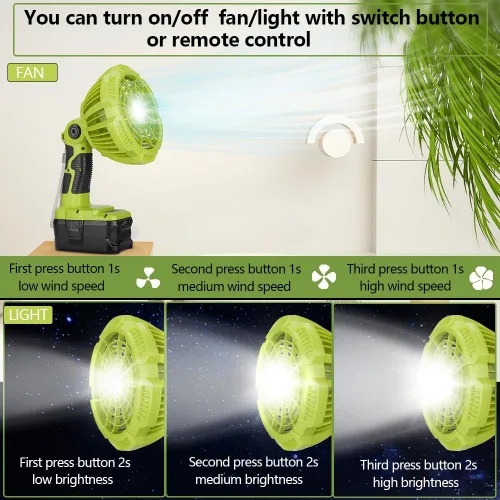 Miniatura 2 de Ventilador inalámbrico de 18 V compatible con batería Ryobi de 18 V, ventilador a batería para acampar con luz LED, control remoto, 3 modos