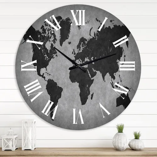 DesignQ Ancient Map of The World IX - Reloj de pared de metal vintage de 29 x 29 pulgadas - Reloj de pared con mapa decorativo analógico para