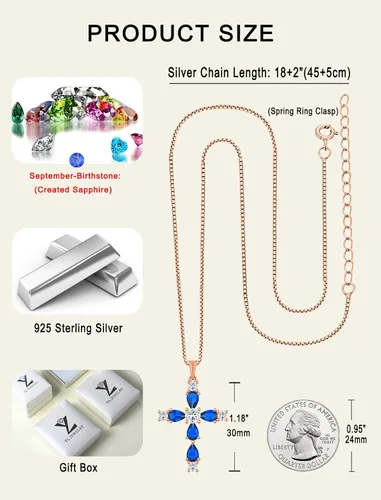 Miniatura 125 de YL Collar de cruz de plata de ley 925 con colgante de piedra natal religiosa para mujer