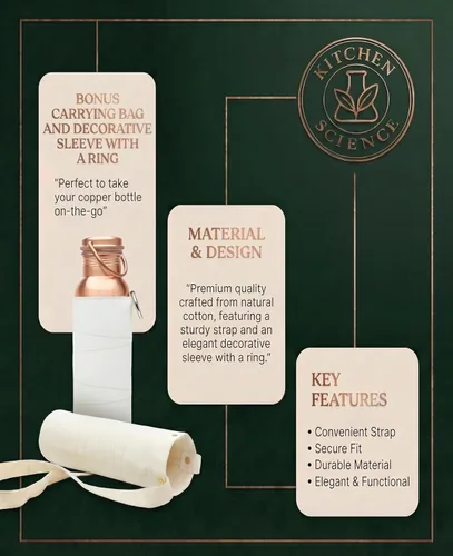 Miniatura 2 de Kitchen Science Auténtica botella de agua de cobre de 34 oz/33.8 fl oz con bolsa de transporte y funda, botella de hidratación ayurvédica a prueba