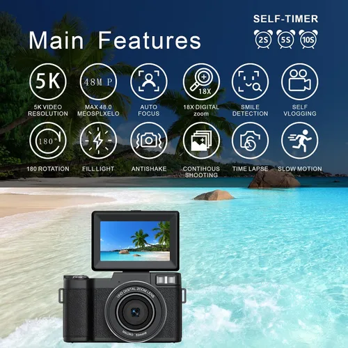 Miniatura 7 de Cámara digital 5K para fotografía 64MP Cámara de vlogging de enfoque automático para YouTube 3 "Pantalla abatible de 180 ° Viaje compacto 18X Zoom
