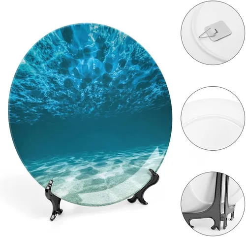 Miniatura 4 de XISUNYA Plato decorativo de porcelana de 6 pulgadas, plato de porcelana oceánica, superficie ondulada con fondo de grava, estampado de paisaje Azul