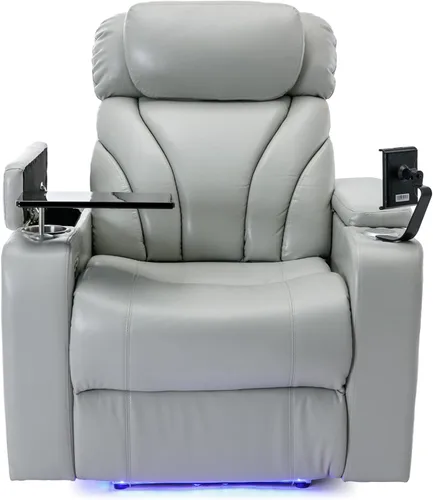 Miniatura 4 de Merax Silla reclinable de cuero, asiento eléctrico de cine en casa con reposabrazos de audio multimedia, portavasos y almacenamiento, color gris