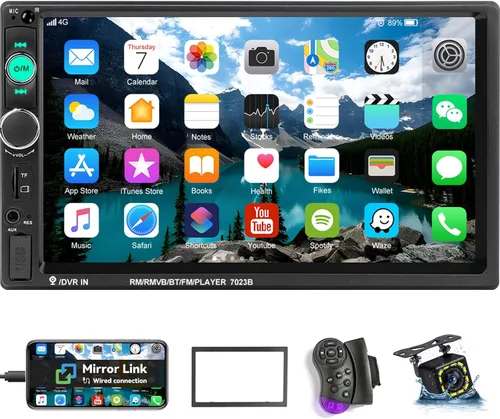UNITOPSCI Estéreo de coche doble DIN de 7 pulgadas con pantalla táctil de audio para automóvil con audio Bluetooth, llamadas manos libres, cámara de