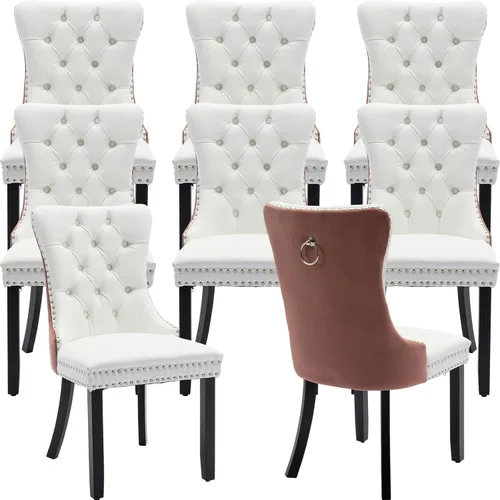 Miniatura 136 de ODUSE-DAILY - Juego de 4 sillas de cocina y comedor de terciopelo beige, tapizadas en tela, respaldo alto con alas, anilla metálica, estructura