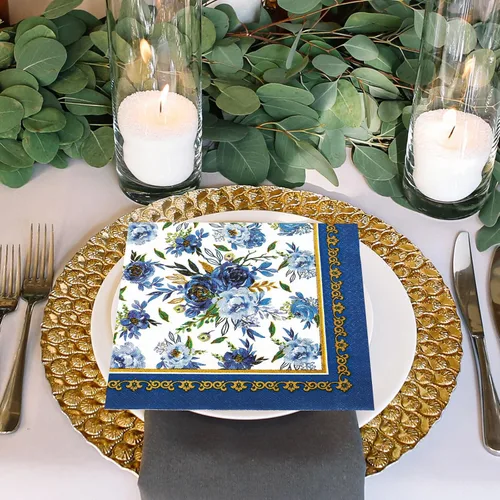 Miniatura 4 de AnyDesign Paquete de 80 servilletas de papel florales de color azul marino con flores azules y blancas, servilletas desechables para almuerzo, marco