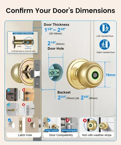 Miniatura 7 de Cerradura de puerta de huellas dactilares, perilla inteligente de puerta de huellas dactilares con cerradura, cerraduras de puerta biométricas