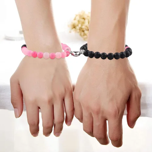 Miniatura 90 de 2 pulseras magnéticas para parejas, piedra natural negra mate, cristal para votos de amor eterno, juego de pulseras de cuentas de piedra de energía