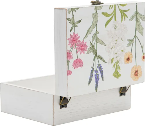 Miniatura 10 de Pequeña caja decorativa con tapa con bisagras, caja de almacenamiento de recuerdos hecha a mano de madera, caja de joyería con estampado floral