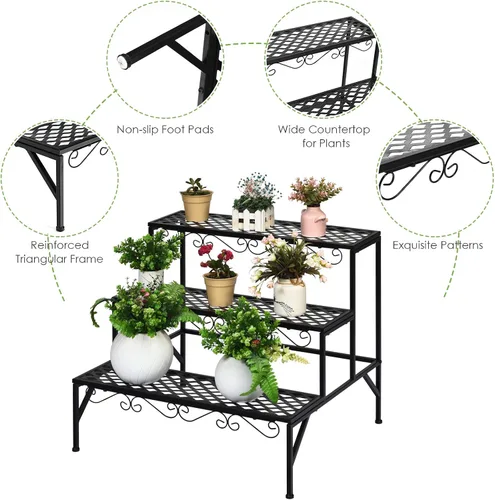 Miniatura 4 de Giantex Soporte de metal negro para plantas de 3 niveles, soportes de metal para plantas con 6-9 soportes de capacidad en maceta, estante