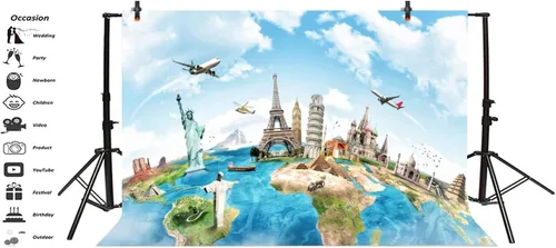 Miniatura 3 de Yeele Telón de fondo de viaje de globo de 10 x 8 pies, mapa de la tierra, continente mundial, famoso, paisaje, fotografía del hogar, fondo