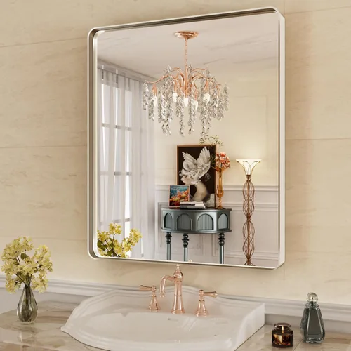Miniatura 67 de WEER - Espejo de baño dorado, espejo de 40x32 pulgadas con marco de metal dorado cepillado, espejo de tocador de baño de oro para pared