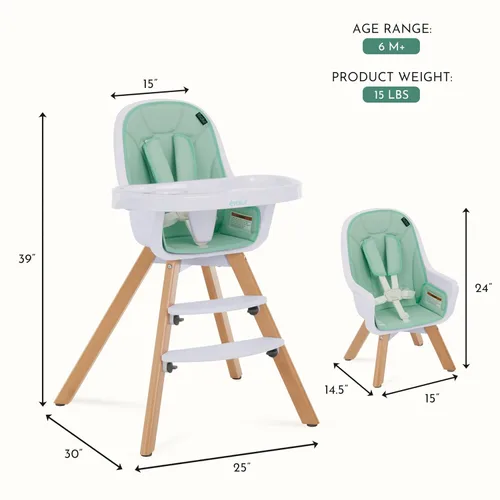 Miniatura 3 de évolur Zoodle - Silla alta 3 en 1 en color menta, silla de alimentación convertible de madera para bebé con bandeja extraíble apta