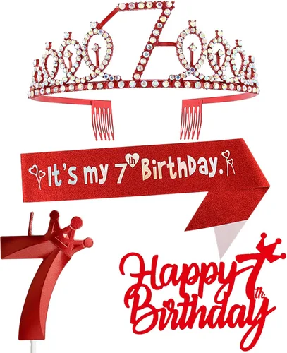 Miniatura 19 de Decoraciones de cumpleaños número 7 para niña, que incluyen corona/tiara de cumpleaños número 7, banda, adorno para pastel de cumpleaños y velas