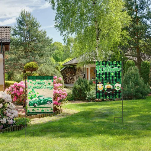 Miniatura 5 de 2 banderas de jardín del Día de San Patricio de 18 x 12 pulgadas, bandera de bienvenida del día de San Patricio, gnomo irlandés de trébol, bandera