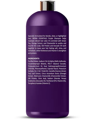 Miniatura 8 de INFINA ESSENTIALS Champú morado para cabello rubio, gris, cobrizo y teñido sin sulfatos, enriquecido con té verde y manzanilla y aceite de aguacate