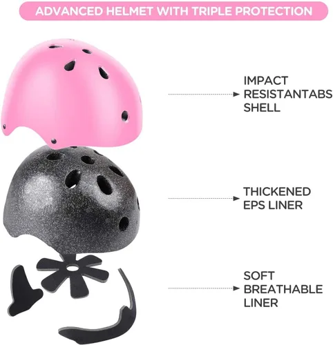 Miniatura 2 de Casco ajustable para niños con rodilleras, coderas y muñequeras - Cascos de bicicleta para niños pequeños de 3-5, 5-8, 8-14 años - Perfecto para Rosa