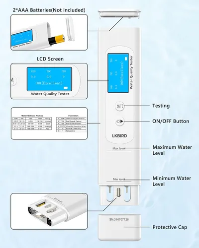 Miniatura 7 de Probador de agua inteligente 6 en 1 para agua potable con monitoreo de aplicación, kit de prueba digital de agua para medidor TDS, EC, temperatura
