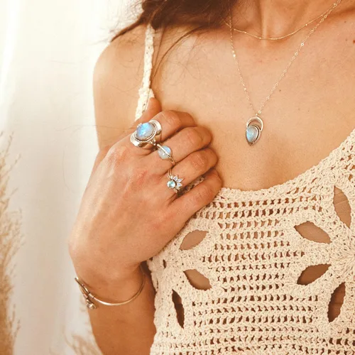Miniatura 8 de Boho-Magic Anillo de plata de ley con piedra lunar para mujer, joyería bohemia, piedra preciosa ovalada