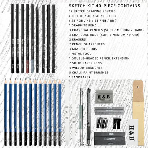 Miniatura 2 de H & B Kit de dibujo profesional de 40 piezas, kit completo de artista, incluye lápices de grafito, pasteles, sacapuntas y borrador
