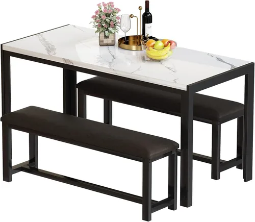 Miniatura 8 de Recaceik Juego de mesa de comedor para 4, mesa de cocina y sillas para 4, mesa de comedor de mármol sintético con 2 bancos, mesa de comedor que