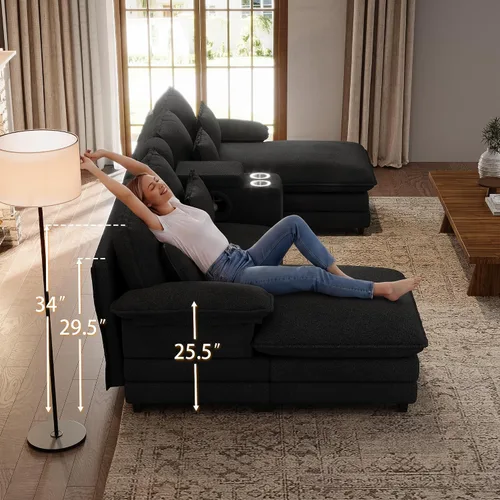 Miniatura 9 de Sofá nube en forma de U de 130 pulgadas con casa para gatos, sofá modular de gran tamaño para sala de estar, cómodo sofá grande de chenilla, juego