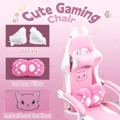 Miniatura 2 de Silla de juegos rosa con cojín lumbar de pata de gato y orejas de gato, sillas reclinables para computadora de juegos de PC, silla ergonómica