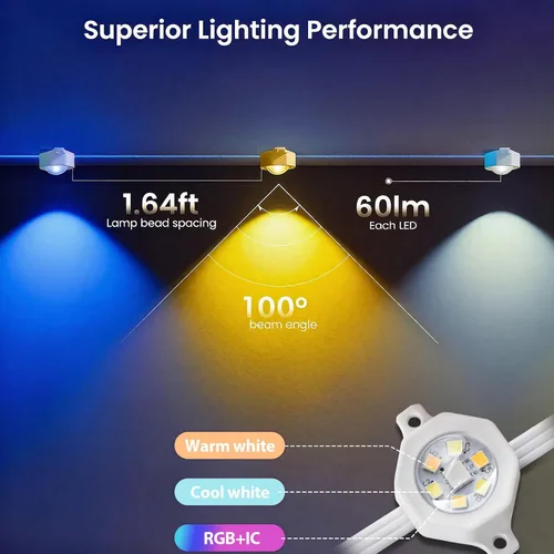 Miniatura 3 de Rosykite Luces de Navidad al Aire Libre - 50 pies de luces inteligentes RGB+IC para canalones con 63 escenas, impermeables IP67, control de voz