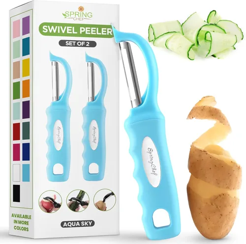 Miniatura 18 de Spring Chef Pelador de verduras giratorio profesional rojo para cocina, peladores de papas de acero inoxidable con mango de agarre suave, perfecto