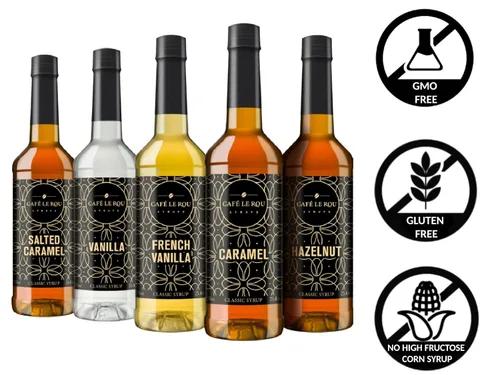 Miniatura 9 de Café Le Rou Jarabe de café variado, paquete de 5, 25.4 onzas, vainilla, vainilla francesa, caramelo, caramelo salado, jarabe saborizante de café
