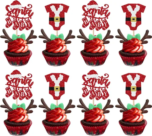 Miniatura 19 de Rsstarxi Paquete de 24 Adornos para Cupcakes Oh Baby de Navidad con Purpurina, Sombreros de Navidad, Palillos para Cupcakes de Baby Shower para Baby