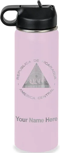 Miniatura 76 de LaserGram Botella de agua personalizada, bandera de Nicaragua, acero inoxidable de doble pared aislada al vacío con popote superior, regalo grabado