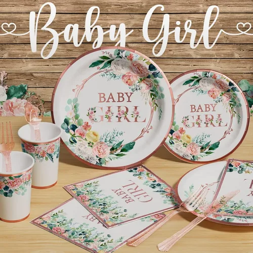 Miniatura 4 de Decoraciones de baby shower para niña, juego de vajilla desechable de 175 piezas de suministros florales para fiestas (25 invitados) con platos