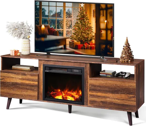 Miniatura 11 de WLIVE Soporte de TV con chimenea para TV de 55 y 65 pulgadas, centro de entretenimiento de mediados de siglo con chimenea eléctrica, consola de TV