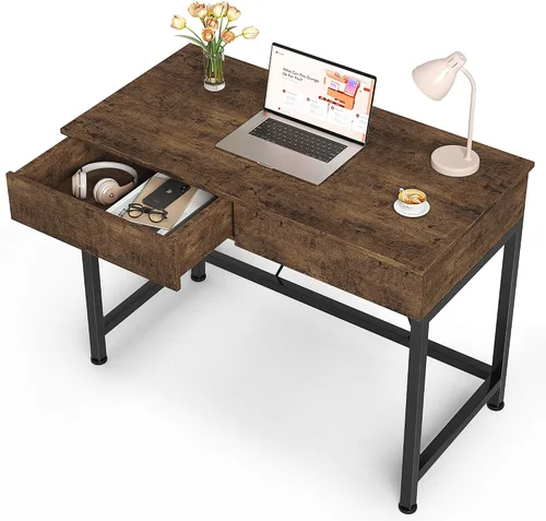 Miniatura 12 de Mexin Escritorio pequeño con 2 cajones de madera, escritorio de escritura para oficina en casa de 40 pulgadas, escritorio de tocador con Roble gris