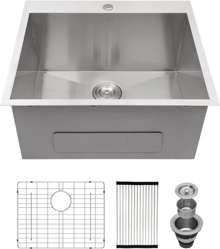 Miniatura 17 de Fregadero de cocina de 25 pulgadas, fregadero de un solo cuenco, color negro mate, calibre 18, 25 x 22 pulgadas, acero inoxidable, montaje superior