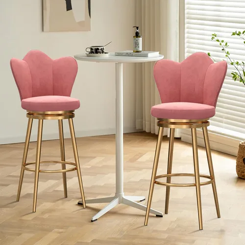 Miniatura 2 de Juego de 4 taburetes giratorios de terciopelo rosa, modernos taburetes tapizados de altura de mostrador con respaldo para isla de cocina, sillas