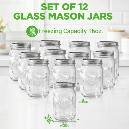 Miniatura 8 de NutriChef 16 oz. Wide Mouth Mason Jars 12 Pcs Glass Food Storage Containers with Lids for Meal Prep, Jam, Honey & Crafts Reusable Canning