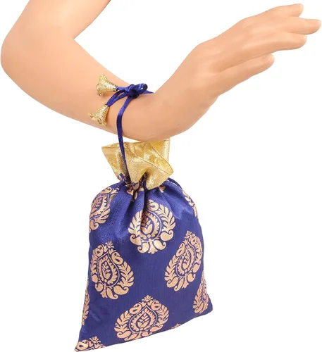 Miniatura 4 de Touchstone Bolsas de cordón tradicionales indias hechas a mano en tejido brocado con patrón de hojas de ficus. Perfecto para regalos, joyas, bodas