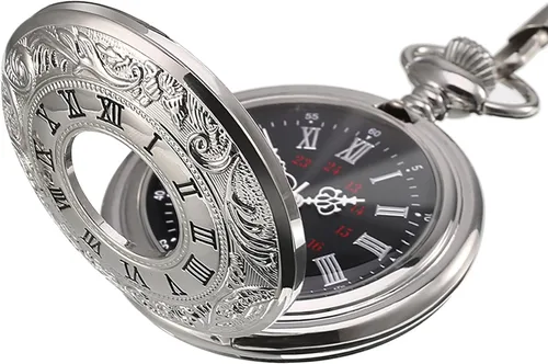 Miniatura 9 de Reloj de bolsillo vintage de acero para hombre con cadena, Negro