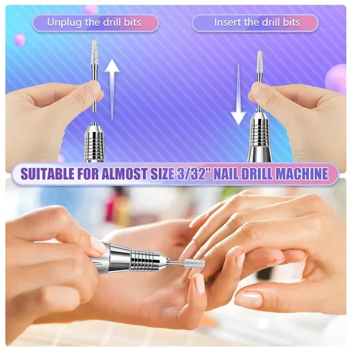 Miniatura 7 de Depvko - Juego de 3 brocas de uñas 5 en 1 para uñas de 3/32 pulgadas, barril cónico y forma de cono de carburo para quitar acrílico o gel Plateado