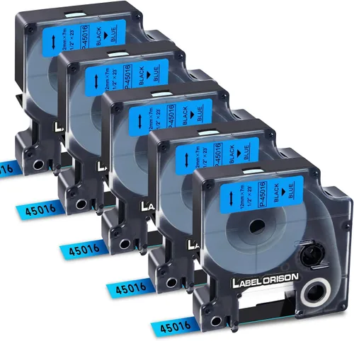 Miniatura 6 de Paquete de 2 casetes de etiquetado compatibles con Dymo Standard D1 45016 negro sobre azul, 1/2 pulgadas x 23 pies (0.472 in x 23.0 ft), compatible
