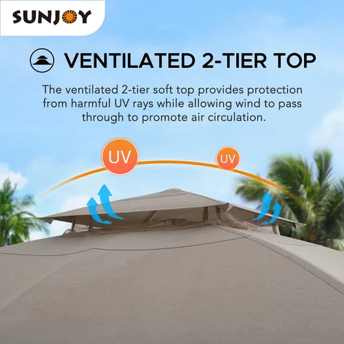 Miniatura 3 de Sunjoy Cenador de 11 pies x 13 pies con toldo de tela Sunbrella para patio, marco de acero de 2 niveles con parte superior suave de 2 niveles