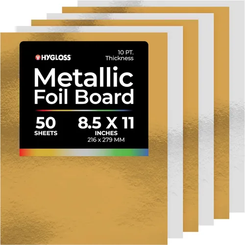 Hygloss Hojas de cartulina metálica, 50 hojas doradas y plateadas, 8.5 x 11 pulgadas, resistentes, 10 puntos, papel de cartón metálico para Oro y