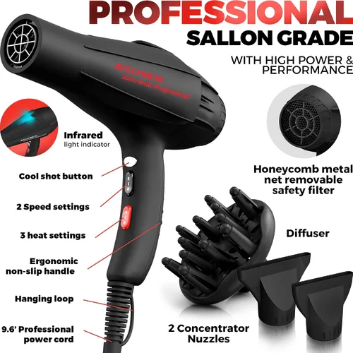 Miniatura 4 de Secador de pelo profesional de 2200W con difusor para cabello rizado y ondulado natural, secador de pelo iónico negativo de bajo ruido con difusor