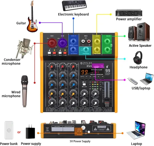 Miniatura 7 de Mezclador profesional de audio DJ de 4 canales, interfaz mezclador de sonido musical con alimentación fantasma de 48 V, Bluetooth, interfaz de audio