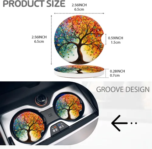 Miniatura 2 de Portavasos para automóvil, árbol de la vida con hojas, posavasos de cerámica antideslizante con agarre para la punta del dedo, accesorios interiores