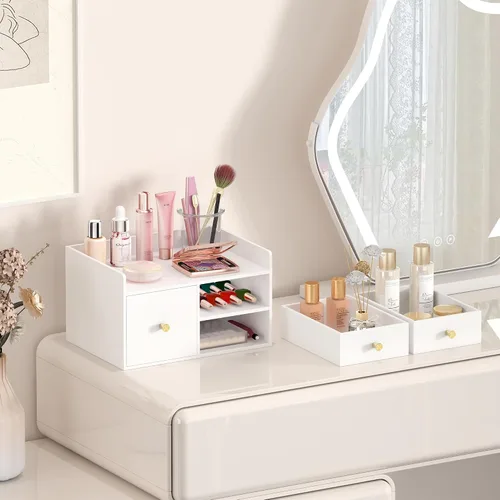 Miniatura 5 de Organizador de escritorio de bambú con cajones, organizador de almacenamiento de escritorio de madera para facturas, suministros de oficina, Blanco