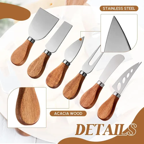 Miniatura 6 de Juego de 6 cuchillos de queso con mango de madera, juego de cuchillos de queso de acero inoxidable mini para charcutería y queso untable, pinzas